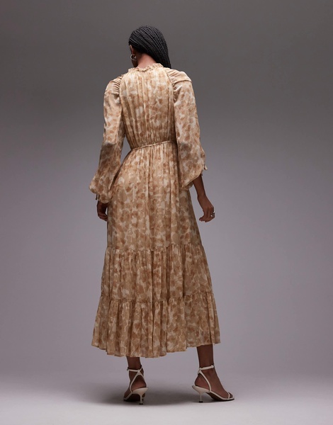 & Other Stories drapey midaxi dress with ruche tie volume sleeves in soft abstract print