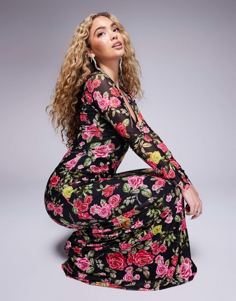 AFRM Ruby long sleeve plunge maxi dress in wallpaper rose print