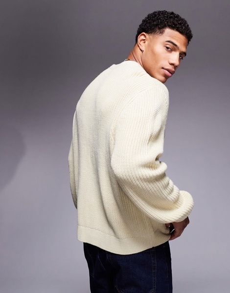ASOS DESIGN oversized boxy fit knitted fisherman rib sweater in beige