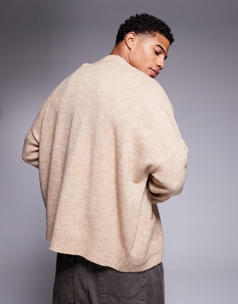 ASOS DESIGN oversized boxy fit knit crew neck cardigan with pockets in beige