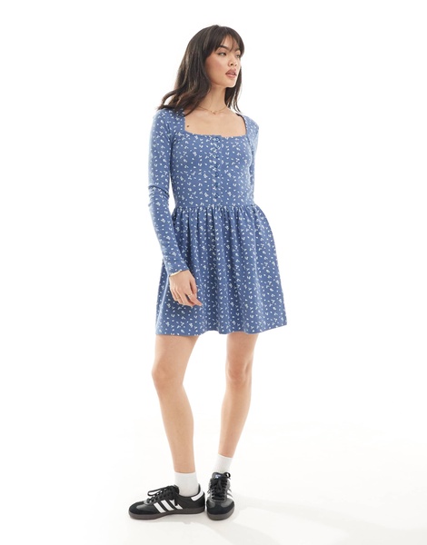 ASOS DESIGN square neck long sleeve skater hem mini dress skirt in polka dot print