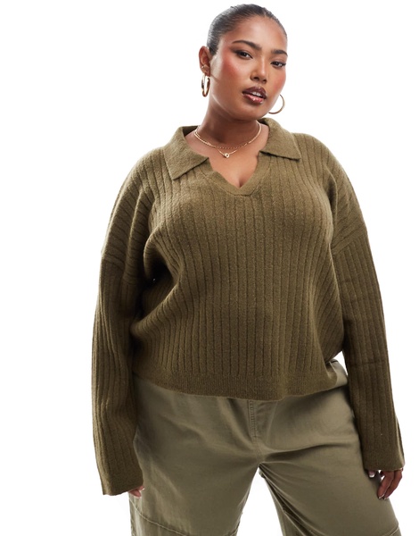 Brave Soul Plus V-neck polo sweater in khaki