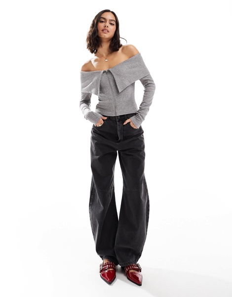 Brave Soul long sleeve off shoulder zip front sweater in gray
