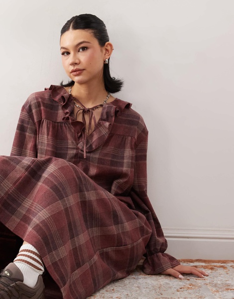 Reclaimed Vintage midi smock dress with tie front ruffle detail in burgundy plaid