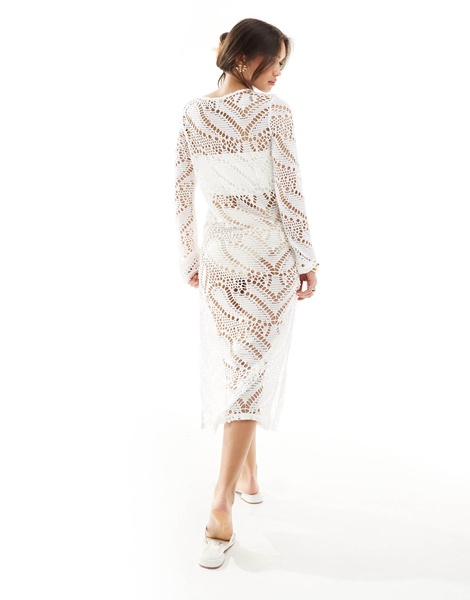 ONLY open crochet long sleeve maxi dress in white