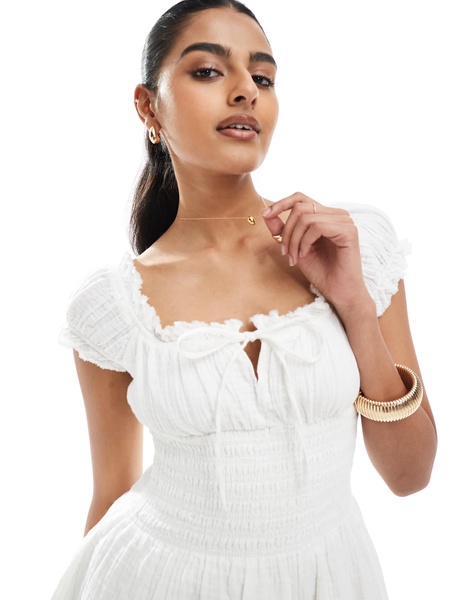 Bershka shirred milkmaid mini dress in ecru