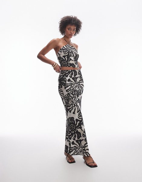 Topshop Tall satin twill bias maxi skirt in mono fern smudge print - part of a set
