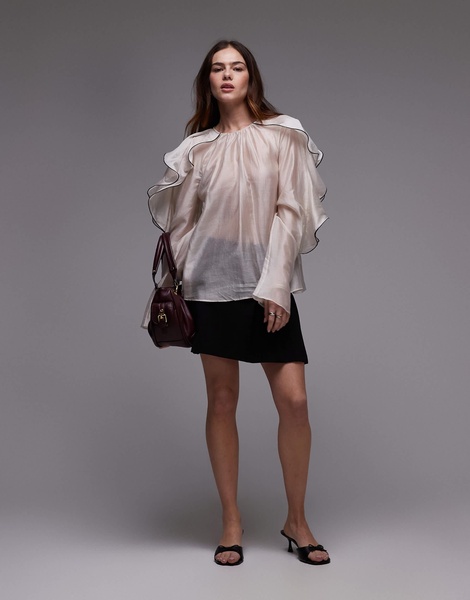 & Other Stories blouse with ruffle sleeves and bow back in light beige