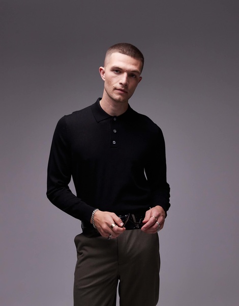 ARKET merino wool knit long sleeve polo shirt in black