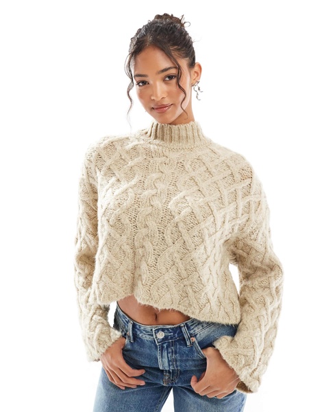 Bershka high neck chunky sweater in sand