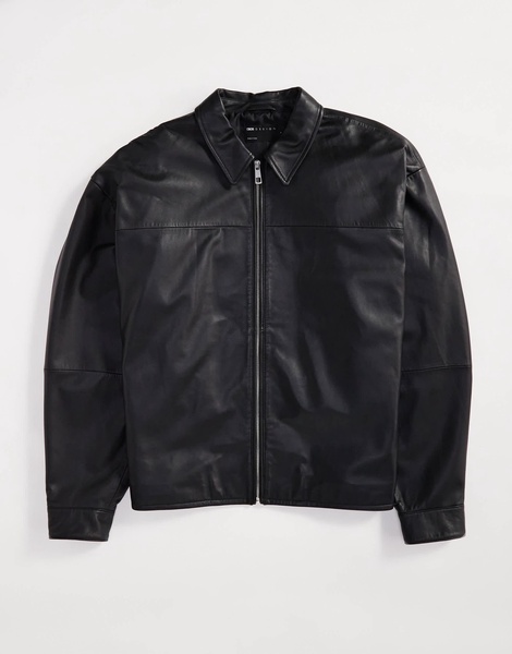 ASOS DESIGN premium real leather harrington jacket in black