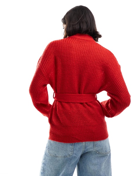 Brave Soul saka waist tie sweater in red