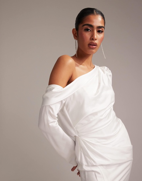 ASOS DESIGN draped one shoulder satin wedding maxi dress in white