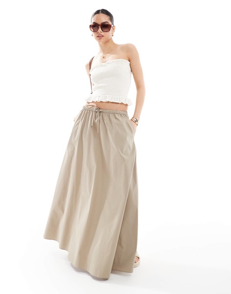 ASOS DESIGN cotton tie waist A-line midi skirt in khaki