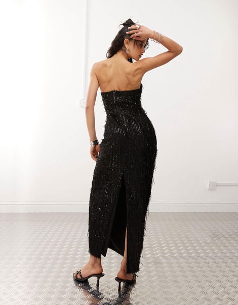 Amy Lynn allover fringe sequin bandeau midi dress in black