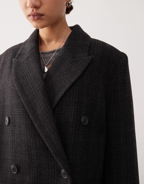 Weekday Logan wool blend oversized double breasted coat in black check