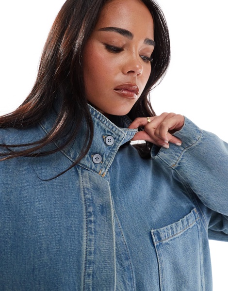 ASOS DESIGN premium denim funnel neck jacket in midwash blue