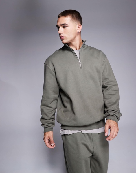ASOS DESIGN premium heavyweight oversized quarter zip sweatshirt in khaki