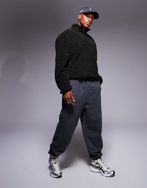 ASOS DESIGN boxy oversized quarter zip borg sweatshirt in khaki