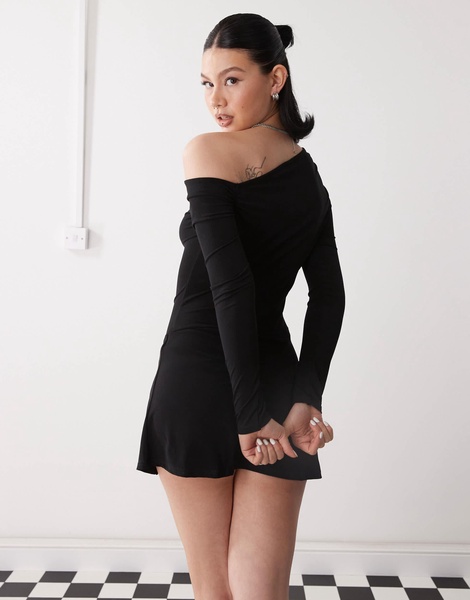 Reclaimed Vintage slinky long sleeve mini skort dress in black
