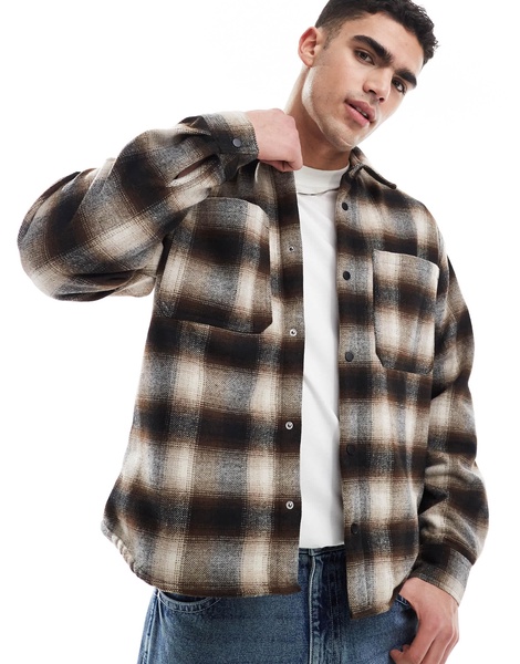 Bershka plaid washed shirt in brown