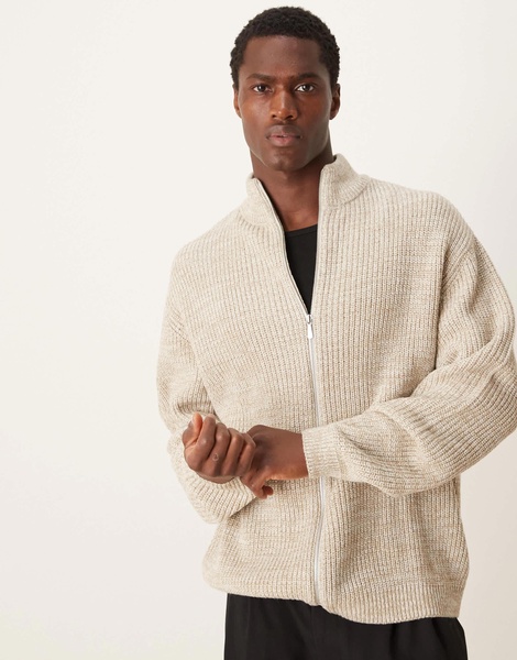 ASOS DESIGN knitted oversized fisherman rib zip through in oatmeal twist