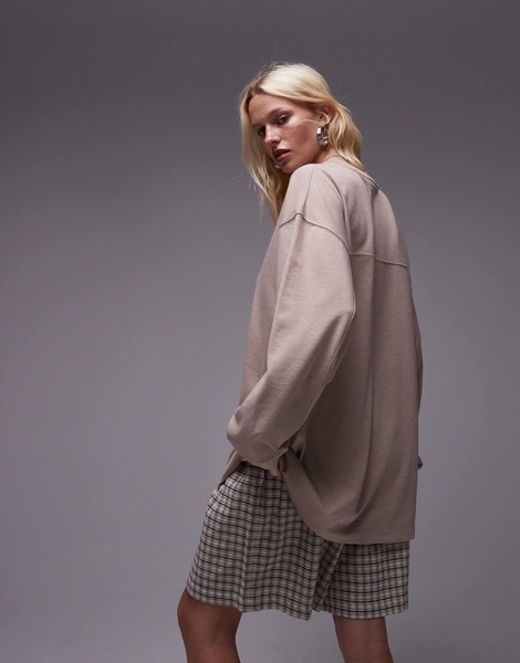 Topshop premium seam detail long sleeve skater tee in oat heather