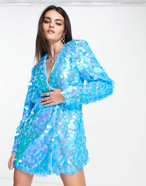 Amy Lynn Brooke embellished blazer dress in blue disc sequin
