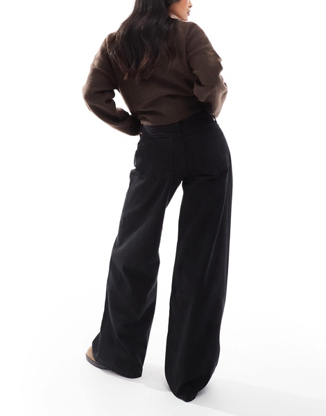 Bershka Petite high waist wide leg jeans in black