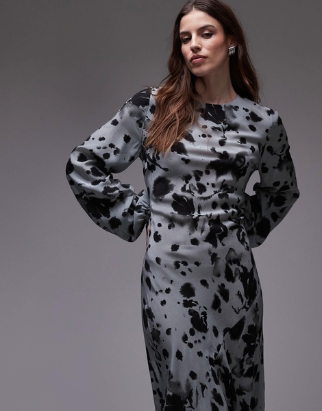 Topshop balloon sleeve maxi dress in gray abstract floral