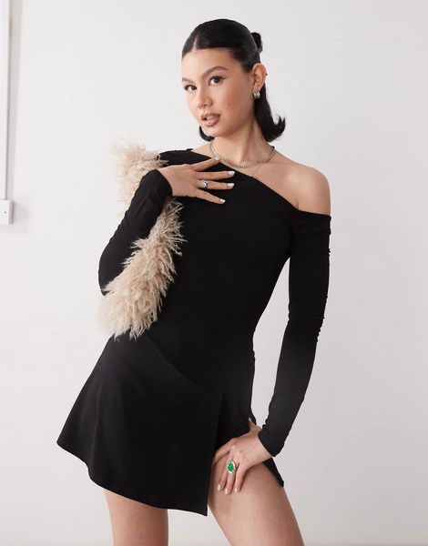 Reclaimed Vintage slinky long sleeve mini skort dress in black