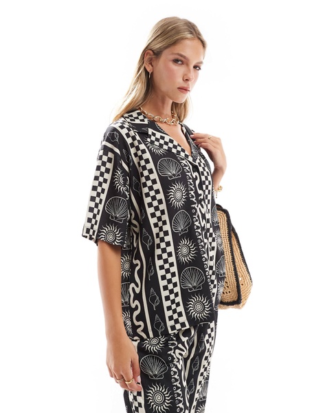 ASOS DESIGN boxy shirt with shell vacation print in mono - part of a set