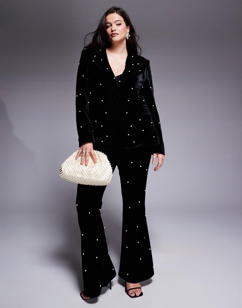 ASOS LUXE Curve pearl embellished velvet blazer in black - part of a set