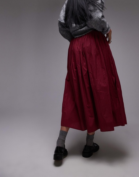 Topshop crinkle cotton laundered full skirt in burgundy