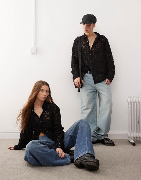 Reclaimed Vintage unisex long sleeve lace shirt in black
