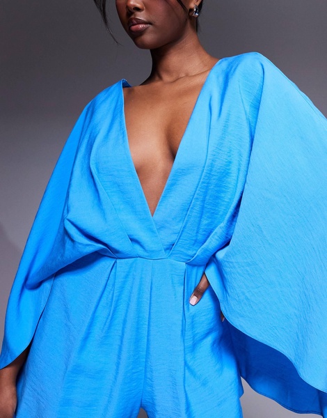 ASOS DESIGN exaggerated sleeve plunge romper in cobalt blue