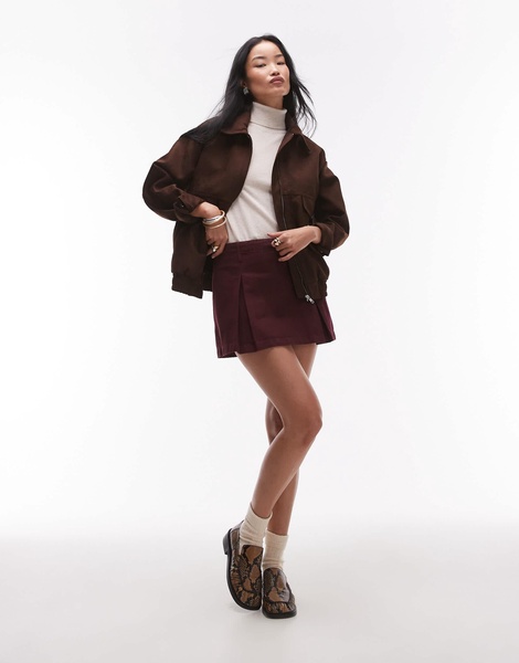 Topshop denim box pleat mini skirt in burgundy