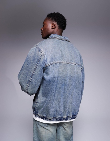 ASOS DESIGN denim bomber jacket in mid wash blue
