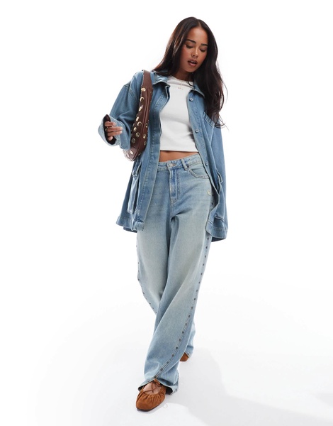 ASOS DESIGN premium denim funnel neck jacket in midwash blue