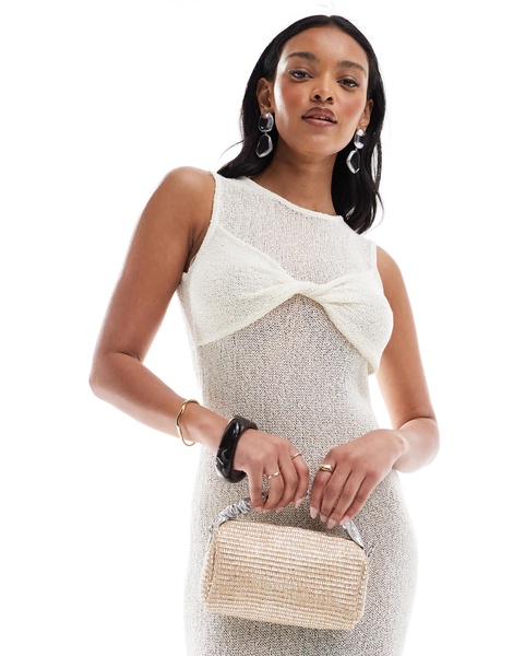 ASOS DESIGN metallic top handle straw crossbody bag in silver