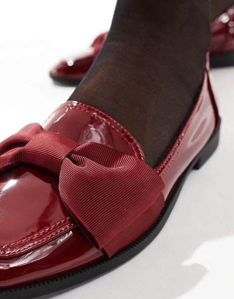 ASOS DESIGN Mentor bow loafer flat shoes in burgundy patent