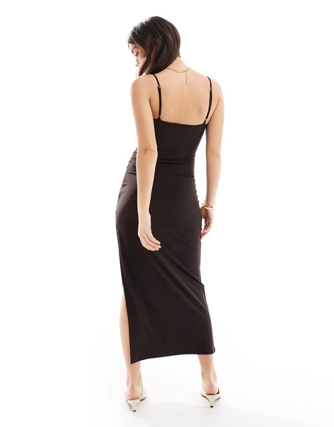 Bershka square neck ruched sides maxi dress in brown