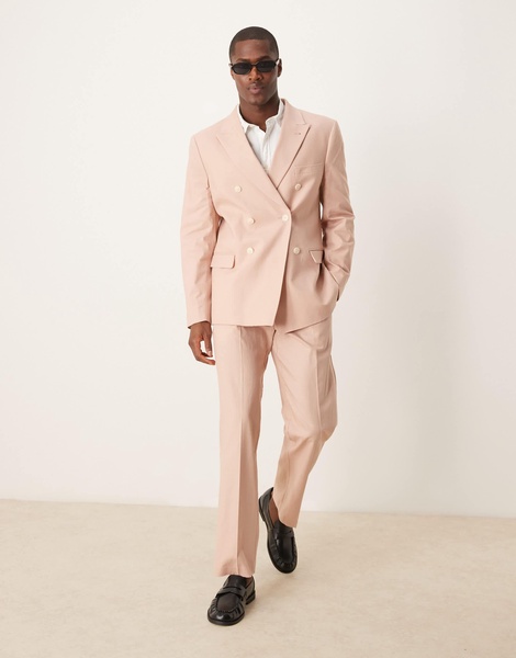 ASOS DESIGN double breasted slim suit jacket with linen in dusty pink