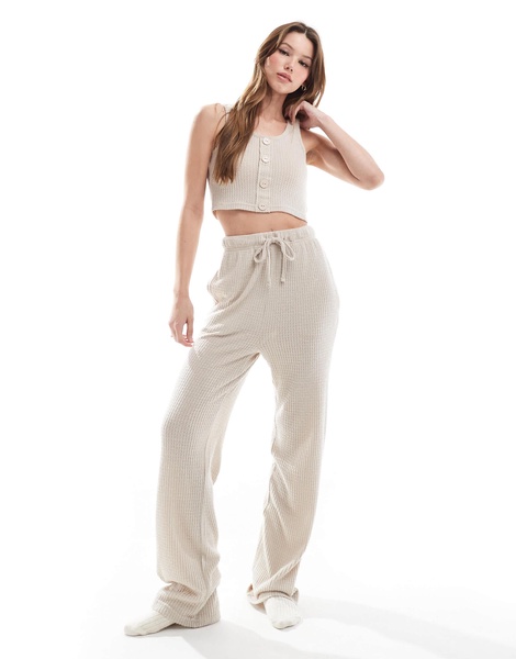 Brave Soul waffle knit cropped tank top and pants lounge set in beige