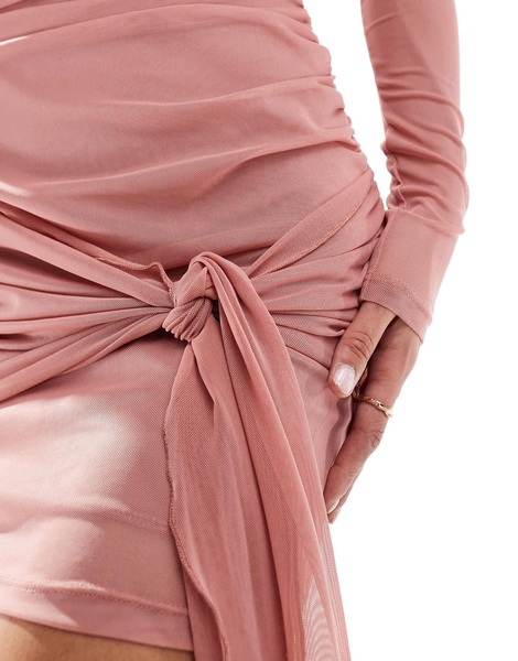 Bershka bardot mini dress with ruched detail in baby pink
