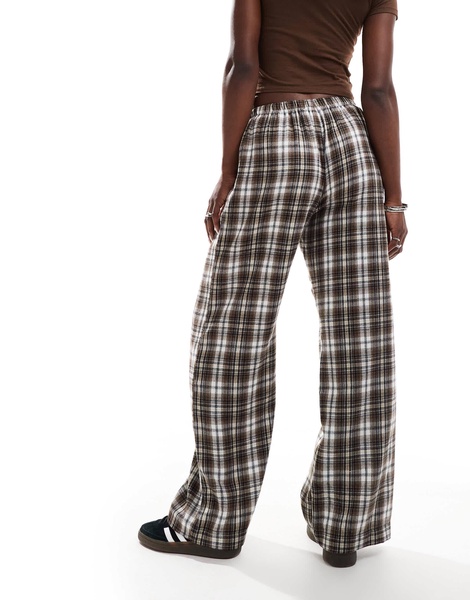 Bershka tie waist wide leg pants in brown check