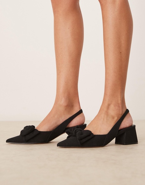 ASOS DESIGN Symphony bow slingback mid block heeled shoes in black linen