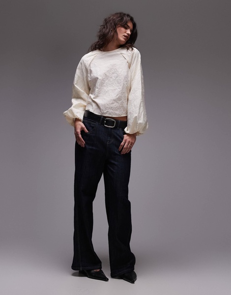 Topshop jacquard balloon sleeve top in ivory