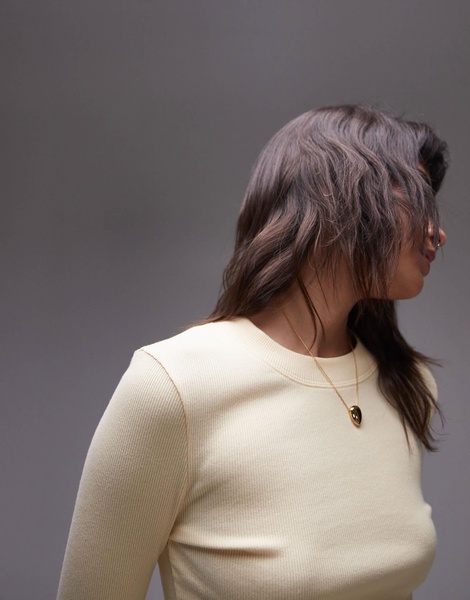 Topshop rib curve hem long sleeve tee in washed lemon