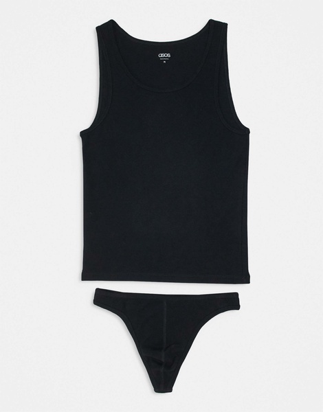 ASOS DESIGN rib thong and vest set in black